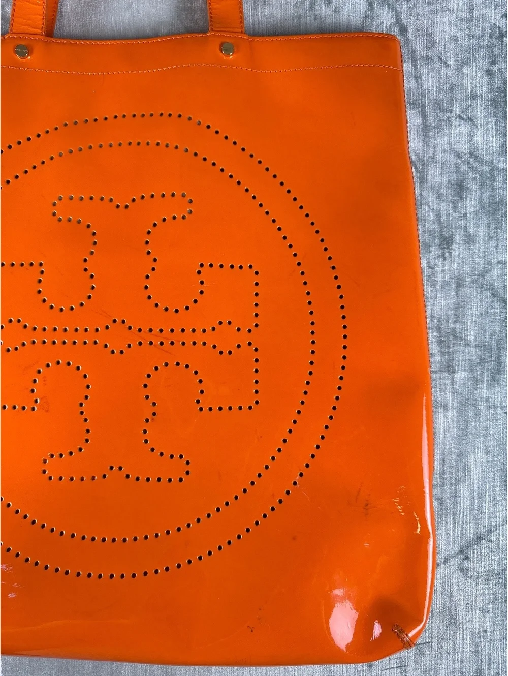 Tory Burch Orange Patent Leather Perforated Logo Tote